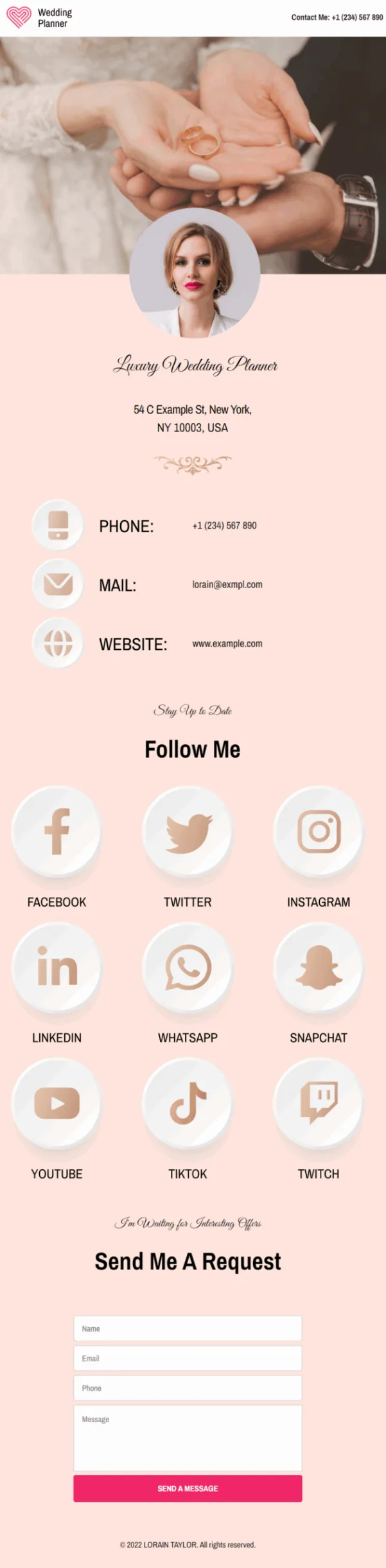Lorain Taylor Wedding Planning Digital Business Card Phone Ready Mobile Theme