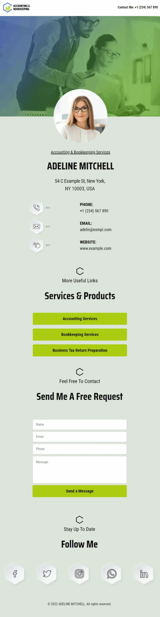 Adeline Mitchell Tax Accountant & Bookkeeper Digital Business Card Phone Ready Mobile Theme