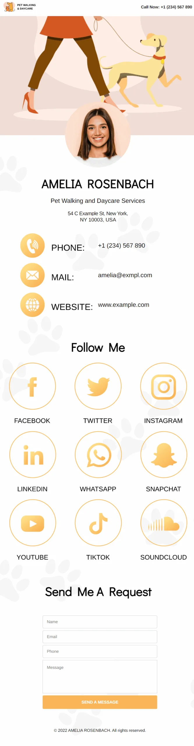 Amelia Rosenbach Pet Walking & Daycare Digital Business Card Phone Ready Mobile Theme