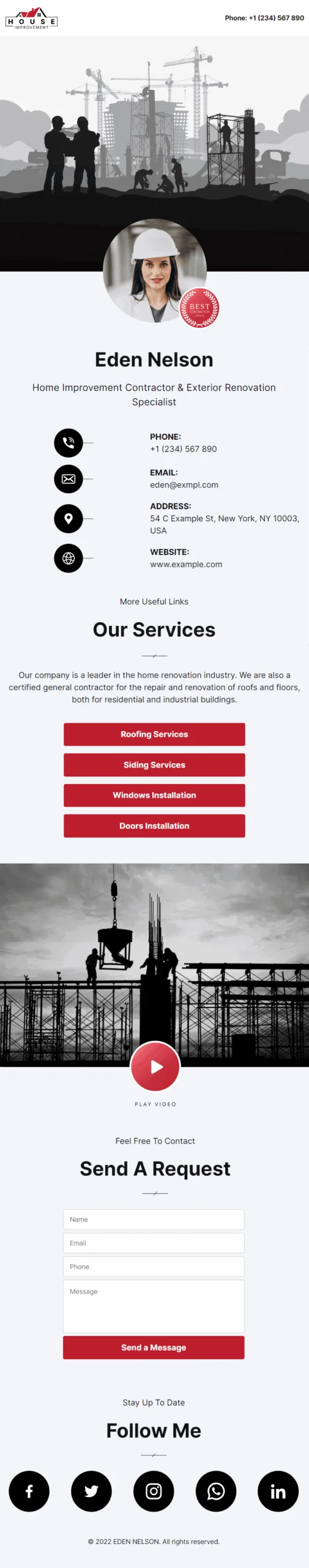Eden Nelson Home Improvement Contractor Digital Business Card Phone Ready Mobile Theme