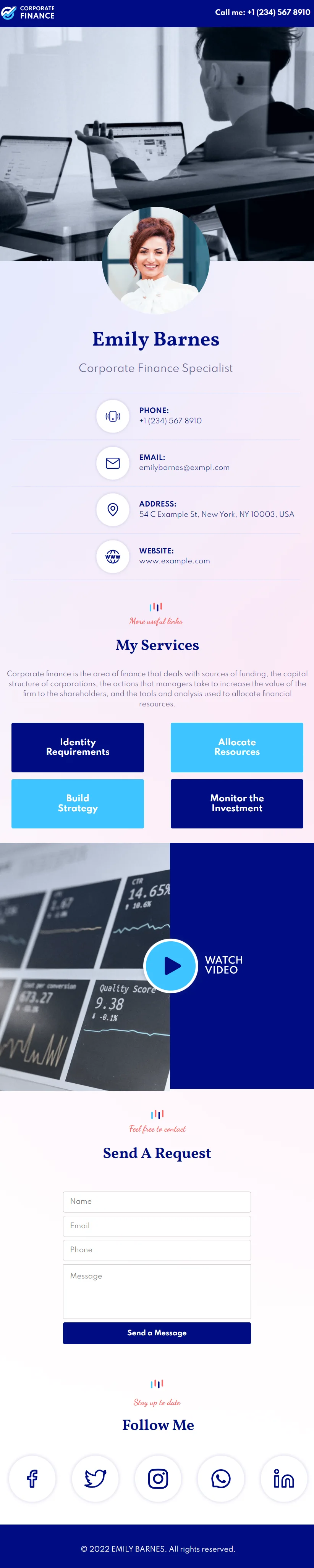 Emily Barnes Corporate Finance Services Digital Business Card Phone Ready Mobile Theme