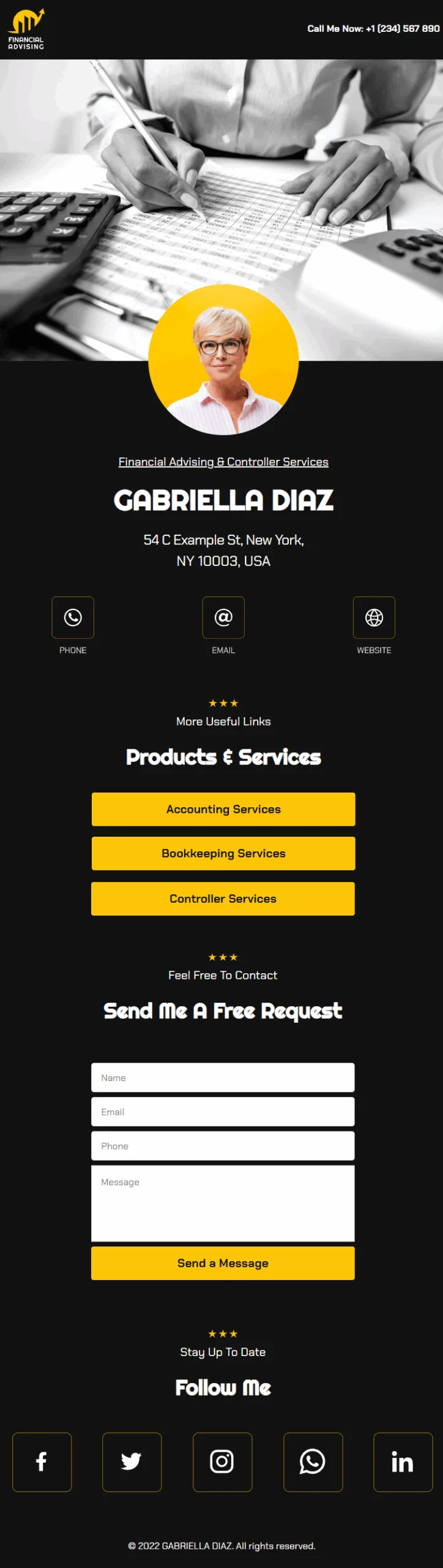 Gabriella Diaz Financial Advising & Controller Digital Business Card Phone Ready Mobile Theme