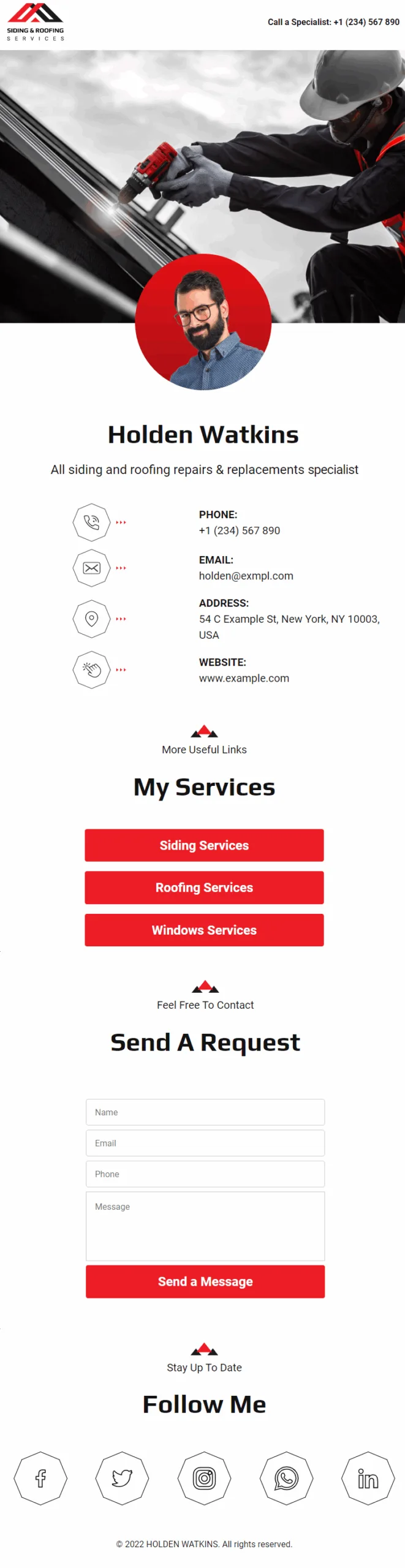 Holden Watkins Siding & Roofing Services Specialist Digital Business Card Phone Ready Mobile Theme