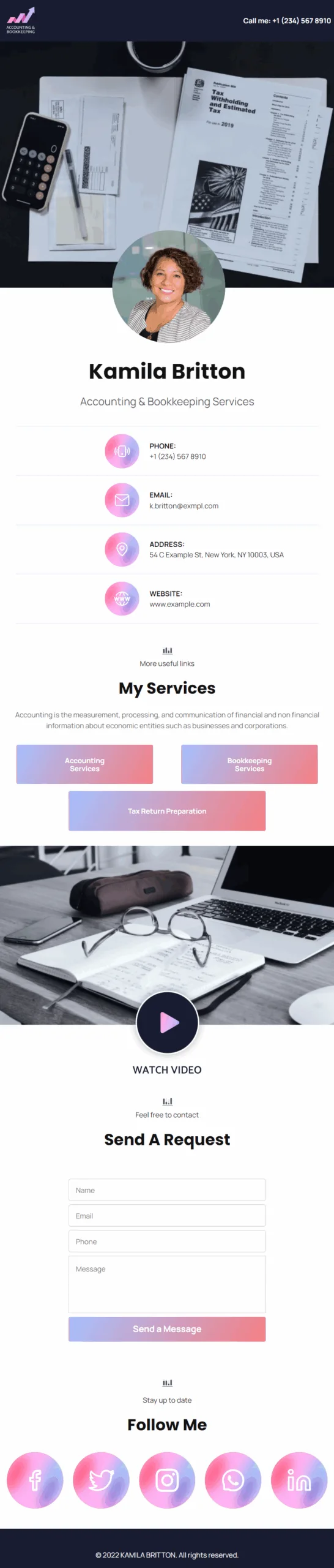 Kamila Britton Accounting & Bookkeepting Services Digital Business Card Phone Ready Mobile Theme