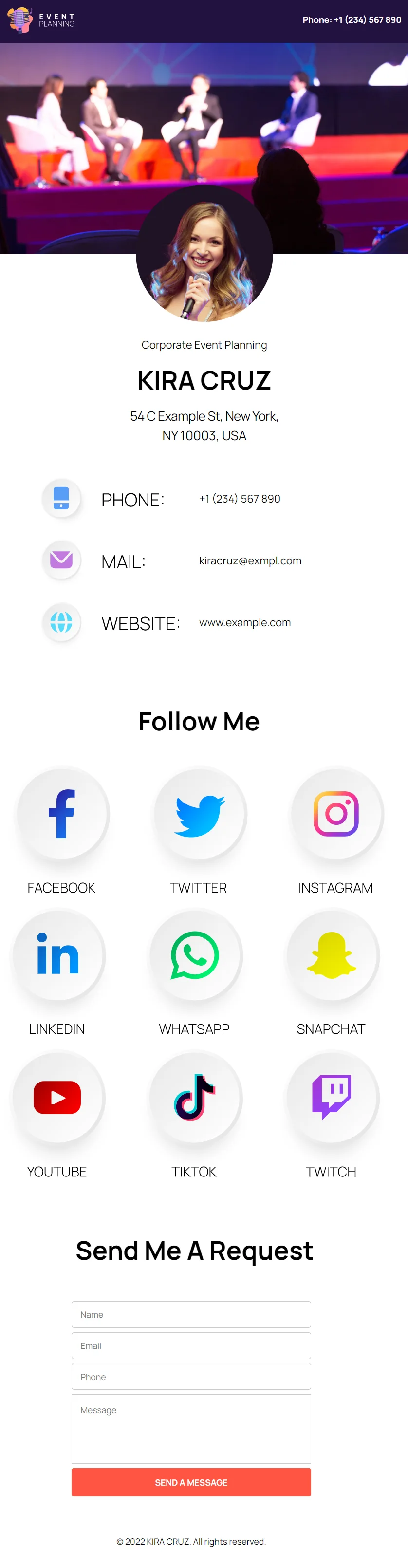 Kira Cruz Corporate Event Planning Digital Business Card Phone Ready Mobile Theme