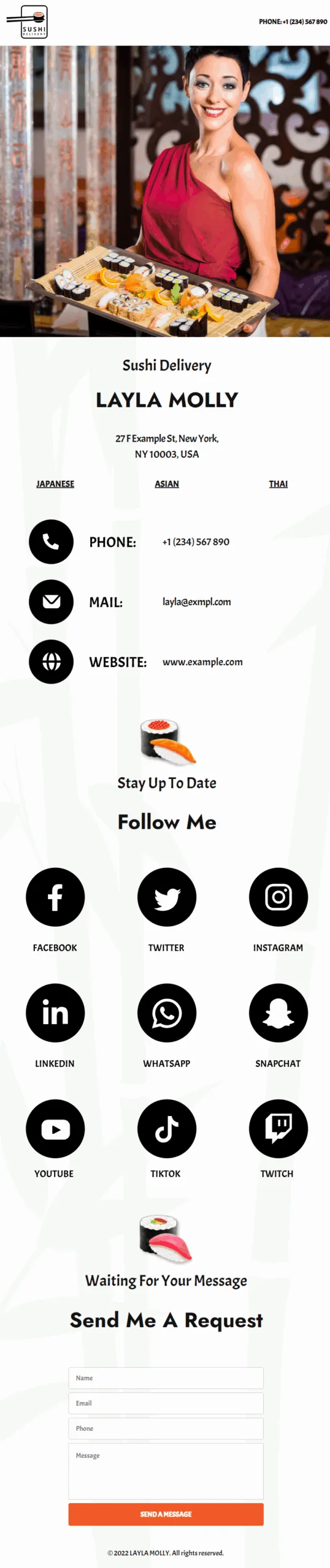 Layla Molly Sushi Food Services Digital Business Card Mobile Ready Theme