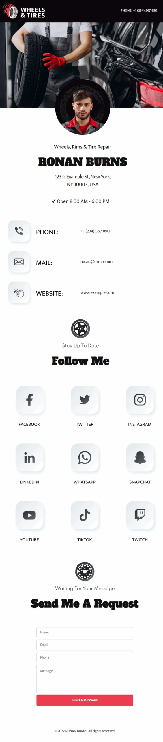 Ronan Burns Wheels Rims & Tire Repair Digital Business Card Phone Ready Mobile Theme