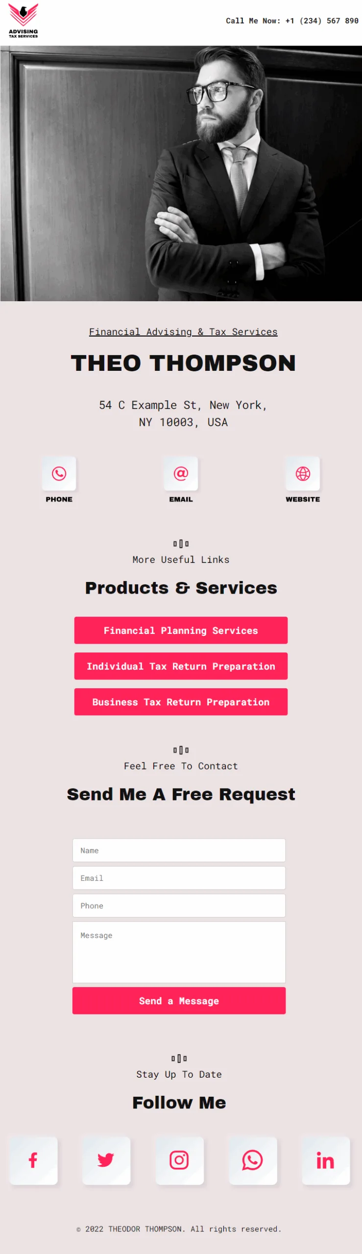 Theo Thompson Financial Advising Tax Services Digital Business Card Phone Ready Mobile Theme